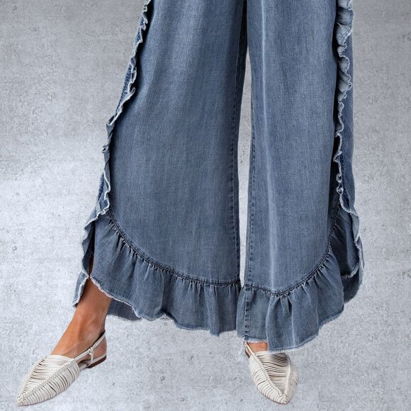 EASEL RESTOCKED! Raw Ruffle Trim Pants Elastic & Drawstring Waist & Scooped Hem - Picture 8 of 15